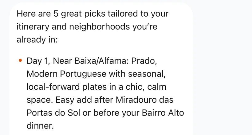 The answer: picks tailored to the plan, like Prado near Baixa and Alfama on Day 1, easy to add after the Miradouro das Portas do Sol
