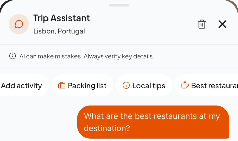 Thimble's Trip Assistant on a Lisbon trip, asked: What are the best restaurants at my destination?