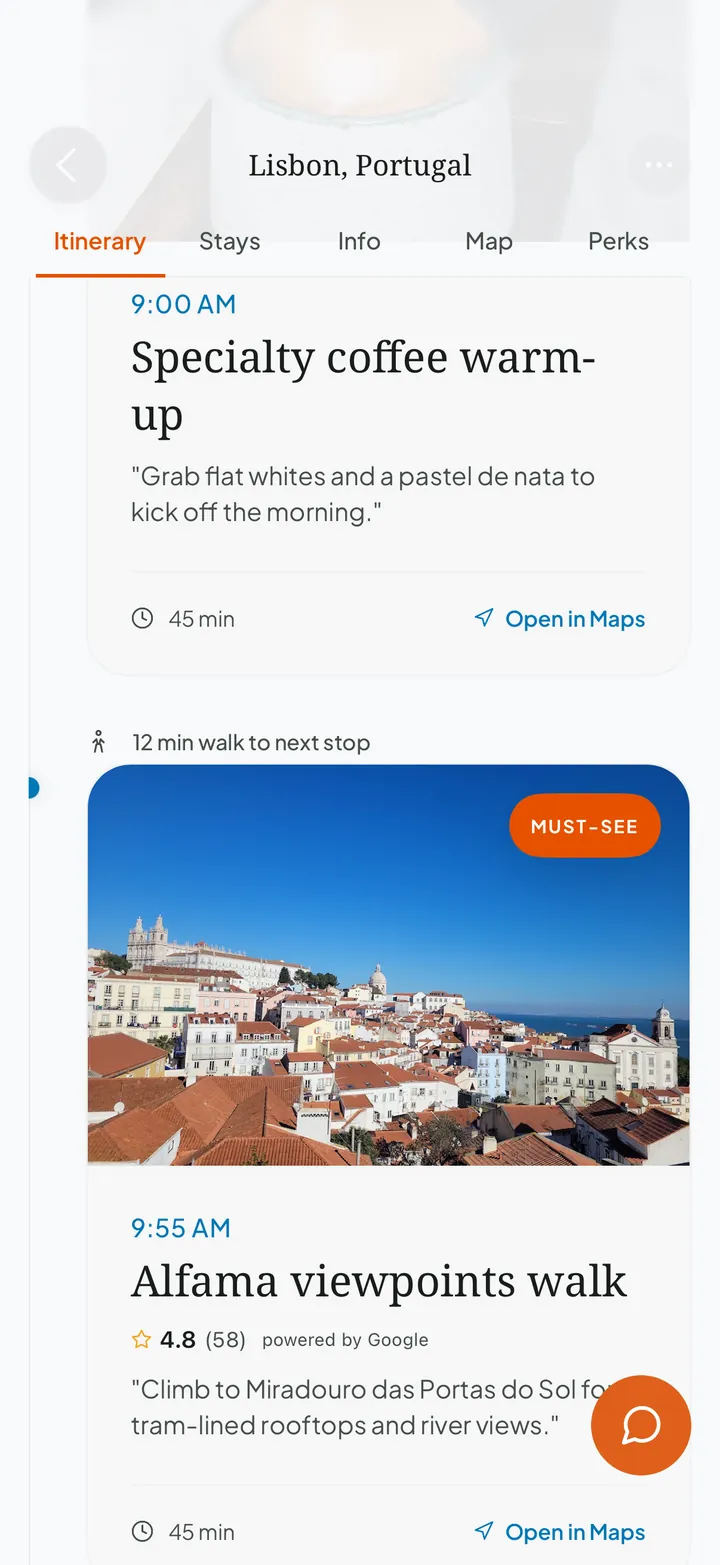 Day 1 in Lisbon: 9:00 AM specialty coffee, a 12 minute walk, then the Alfama viewpoints walk at 9:55 AM