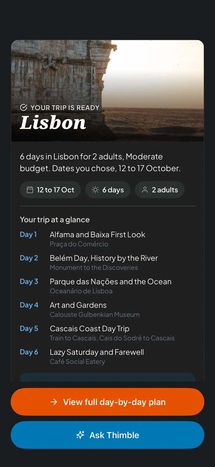 Your trip is ready: 6 days in Lisbon, with a plan for each day